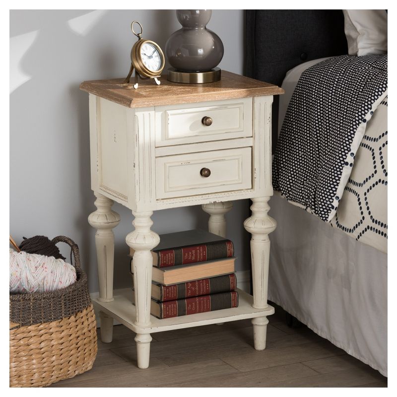Marquetterie French Provincial Style Weathered Oak Wash Distressed Wood Finish Two - Tone 2 - Drawer and 1 - Shelf Nightstand - White - Baxton Studio, 6 of 7
