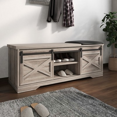 Entryway Shoe Bench w/Sliding Door Cushion Adjustable Shelf Large Storage Space Shoe Rack Storage Organizer for Narrow Closet Entryway Living Room