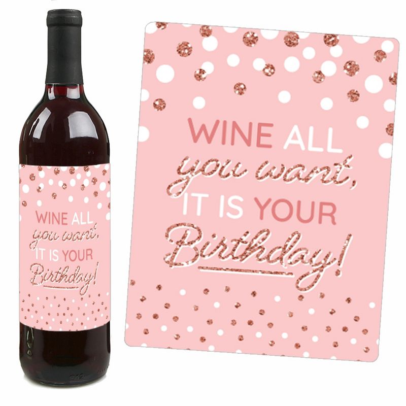 Big Dot of Happiness Pink Rose Gold Birthday - Happy Birthday Party Decorations for Women and Men - Wine Bottle Label Stickers - Set of 4, 3 of 9