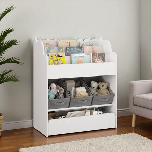 Mshliw Kids Bookshelf with Storage Bins & Drawer, 3-Tier Wooden Book Organizer for Toys & Books, White Toddler Bookcase for Playroom - 1 of 4