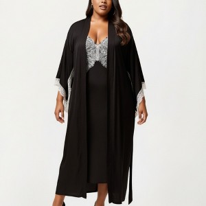 Anna-Kaci Lounge Women's Plus Size Long Robe Set with Soft Draped Silhouette and Delicate Lace Trim Accents for a Layered Look - 1 of 4