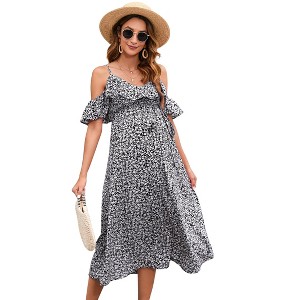 Clearlove Maternity Nursing Dress Womens V-Neck Spaghetti Strap Ruffle Sleeve Polka Dots A-Line Tiered Flowy Swing Dress - 1 of 4