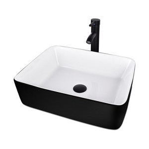 Black and White Ceramic Bathroom Sink, 19" x 15" Above Counter Porcelain Vessel Sink with Black Faucet and Pop up drain Combo, Rectangle - 1 of 4