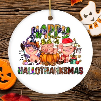 Happy Hallothankmas Cute Festive Pigs Holiday Christmas Ornament, Halloween and Thanksgiving Fall Theme| OrnamentallyYou