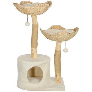 Skyzone 37" Cream White Cat Tree with Solid Wood Scratching Posts, Cattail Bed, Condo, Toy Balls & - 1 of 4