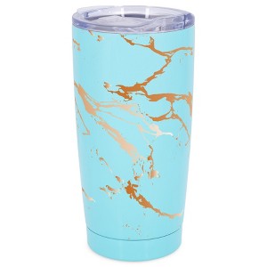 Elanze Designs 20 oz Stainless Steel On the Go Insulated Travel Tumbler With Push Top Lid, Tangerine Orange Marble Print Sky Blue - 1 of 4
