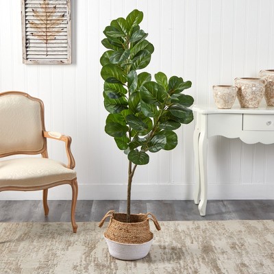 4.5 ft Green Fiddle Leaf Fig Artificial Tree with Boho Chic Cotton and Jute Planter