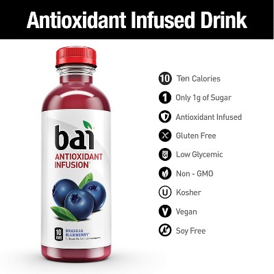 Bai Flavored Water, Brasilia Blueberry, Antioxidant Infused Drinks, 18 Fluid Ounce Bottle (Pack of 12) Brasilia Blueberry 18 Fl Oz (Pack of 12)