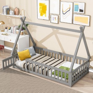 CAVINAS Twin Size Wood Montessori Bed with Safety Guardrails,Modern Tent-Shaped Floor Bed with Slats and Door,Toddler Bed for Bedroom - 1 of 4