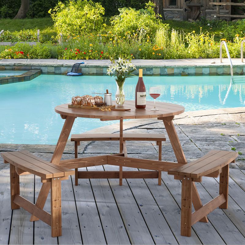 Tangkula 6-Person Outdoor Wooden Picnic Table W/ 3 Benches & Solid Wood Table, Circular Outdoor Dining Table W/ Umbrella Hole, 3 of 11