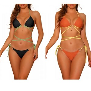 Elerevyo Women's Heart Ring Halter Contrast Color Lace Up Ribbed Swimwear Bathing Suits 2 Sets - 1 of 4