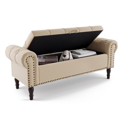 Arceso Storage Bench,50” Queen Linen Tufted Button End of Bed Bench, Upholstered Bedroom Bench,Ottoman Bench for End of Bed Living Room, Entryway