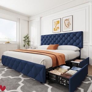 Full Size/King Size Bed Frame w/ 4 Storage Drawers Linen Upholstered Platform Bed with Headboard and Footboard No Box Spring Needed - 1 of 4