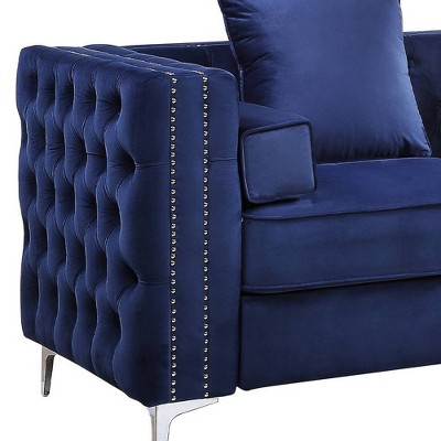 88'' Luxe Blue Velvet Tufted Sofa with Nailhead Trim & Ottoman