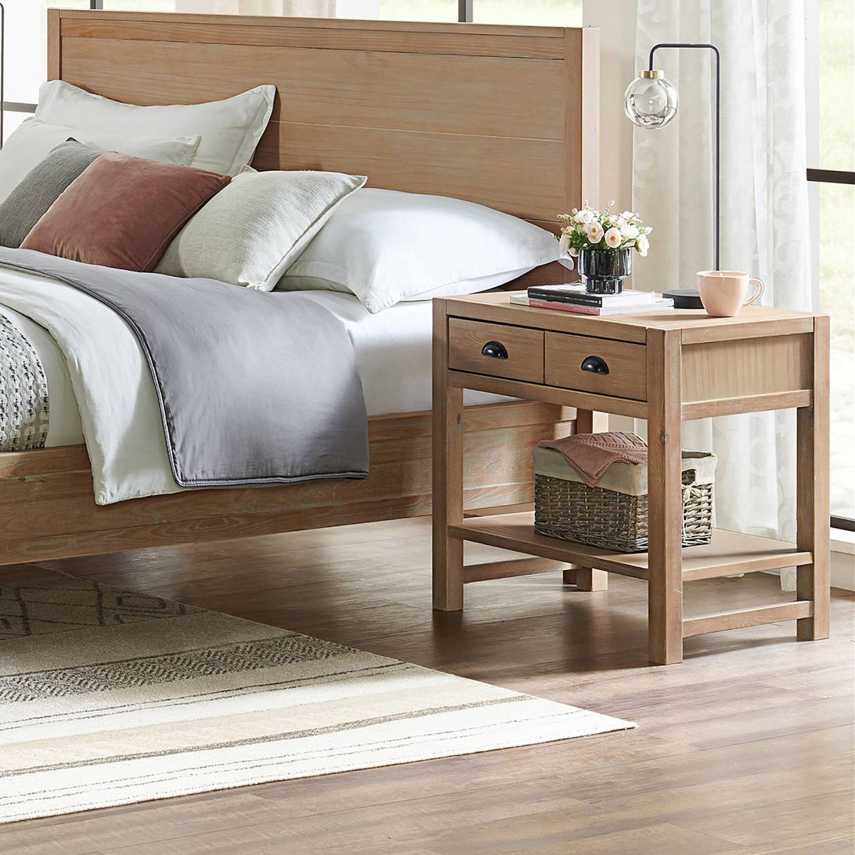 Arden 2 Drawer Wood Nightstand with Open Shelf Light Driftwood - Alaterre Furniture: Solid Pine Bedside Storage - thumbnail 2