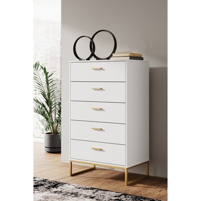 White and Gold Transitional 5-Drawer Tall Dresser