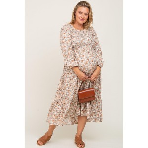 Pinkblush Cream Floral Smocked 3/4 Sleeve Maternity Plus Midi Dress - 1 of 4
