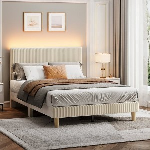 Bestier Corduroy Upholstered Queen Bed Frame with Adjustable Headboard, Platform Bed Frame with LED Light, Solid Wood Slats, No Box Spring Needed - 1 of 4