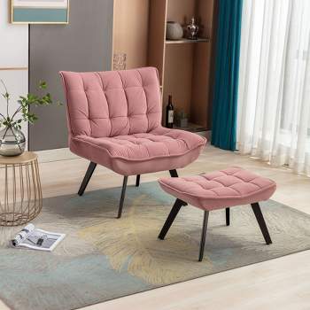 Modern Velvet Accent Leisure Chair With Ottoman, Pink-ModernLuxe
