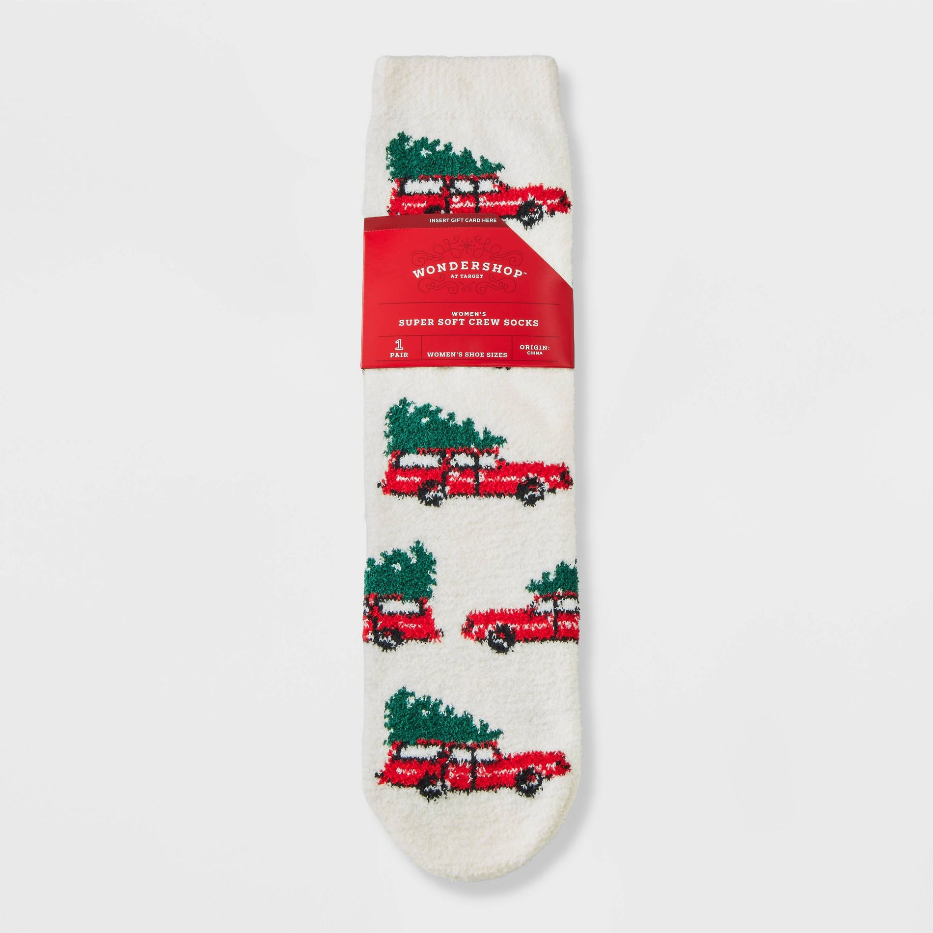 Women's Christmas Tree Shopping Cozy Crew Socks with Gift Card Holder - Wondershop™ Ivory/Red/Green 4-10