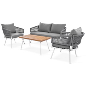 Nestfair 4pc Metal Frame Patio Conversation Set with Acacia Wood Table and Cushions - 1 of 4