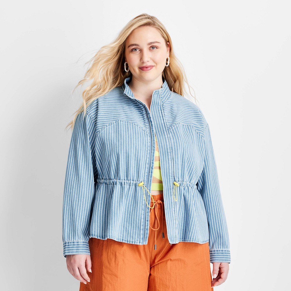 Women's Peplum Denim Jacket - Future Collective™ with Gabriella Karefa-Johnson Medium Wash Striped XL