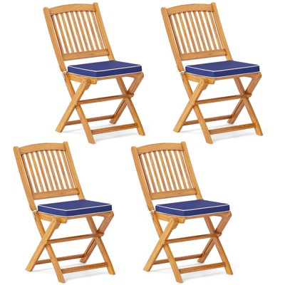 Tangkula 4 Pieces Folding Outdoor Dining Chairs Acacia Wood Patio Chairs with Soft Cushions Slatted Backrests and Seats Outdoor Chairs Navy