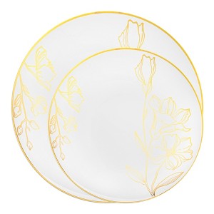 Smarty Had A Party White w/ Gold Antique Floral Round Plastic Dinnerware Set - 40 Sets - 1 of 4