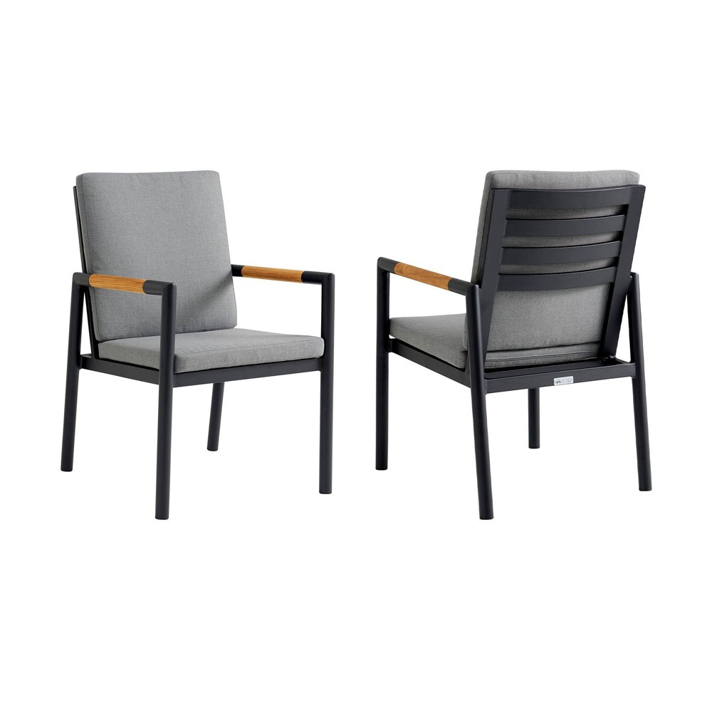 Crown 2pk Outdoor Aluminum & Teak Dining Chairs – Dark Gray – Armen Living For Sale