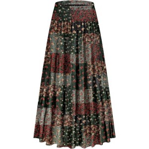 Women's Chiffon Boho Maxi Skirt - High Waist Tiered Pleated Floral A-Line Long Skirt Splice Red Green Floral - 1 of 4