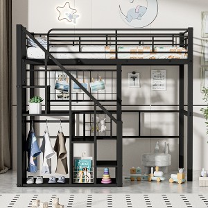 Whisen Twin Size Metal Loft Bed with Storage Staircase and Small Wardrobe - 1 of 4