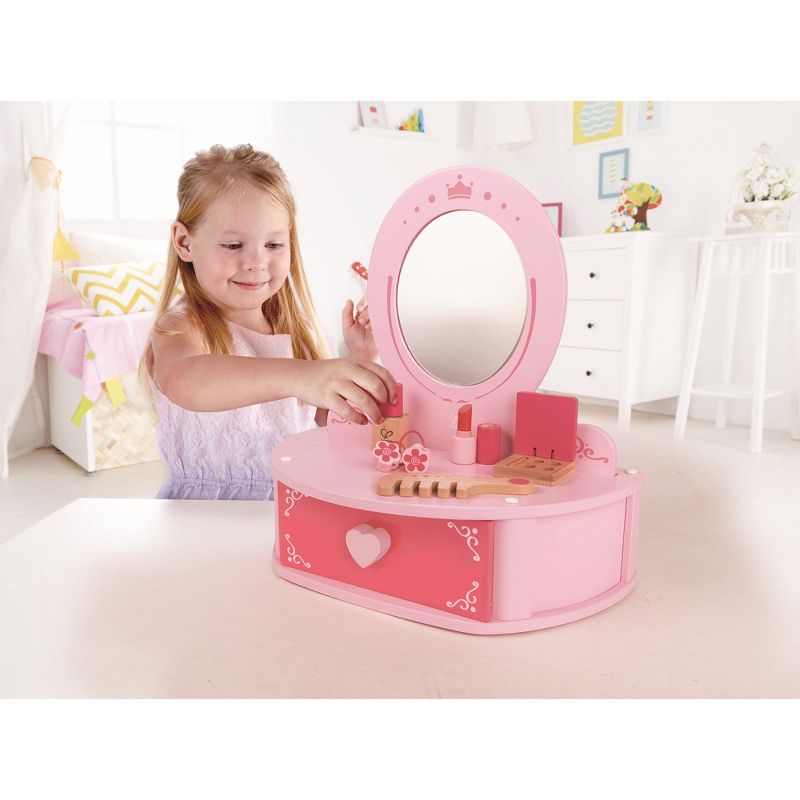 Hape Toys Petite Pink Vanity Toy Wooden Beauty Desk with Drawer, Mirror, and Pretend Makeup Kit, Hairbrush, Lipstick Roll, Compact, Perfume, and Puffs, 2 of 6