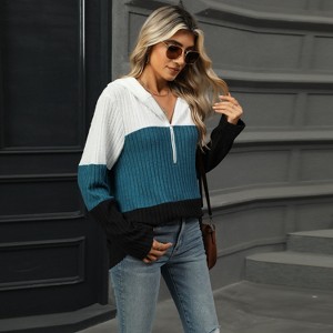 Women Pullover Loose Long-Sleeved Hooded Top With Contrast Color Stitching And Zipper - 1 of 3