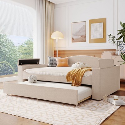 NicBex Full Size Daybed with Trundle Upholstered Fabric 87.2" Day Bed with Storage Armrests for Living Rooms