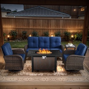 POCASSY 5 Piece Outdoor Patio Furniture Set with Fire Pit Table, Brown Rattan Wicker Modern Patio Furniture Set with Propane Fire Pit - 1 of 4