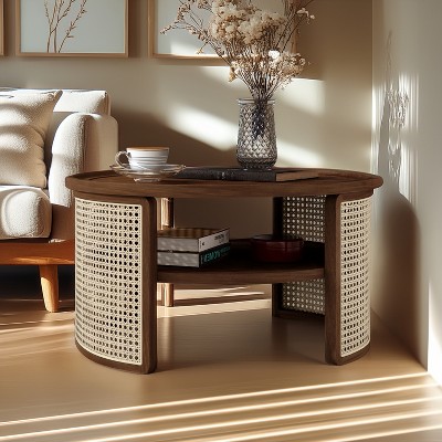31.3''W 2-Tiered Round Rubber Wood Coffee Table with Storage Rattan Base 4B - ModernLuxe