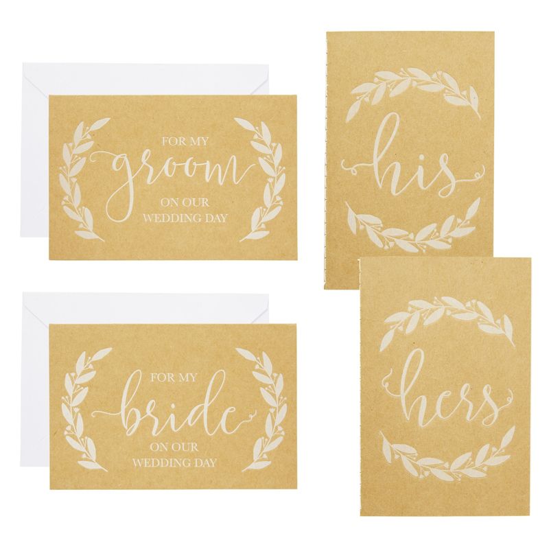 Pipilo Press 2 Pack Brown Kraft Wedding Vow Books for Him and Her with 2 Cards and Envelopes for Bride & Groom, 30 Pages, 1 of 9