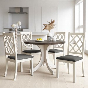 Mid-Century 5-Piece Solid Wood Round Dining Table Set with 4 Upholstered Chairs for Small Spaces, Kitchen or Dining Room - 1 of 4