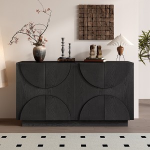 ModernLuxe 4-Door Buffet Sideboard with Adjustable Shelves  & Semi-Circular Handles, Distressed Finish Storage Cabinet, Black/Natural - 1 of 4