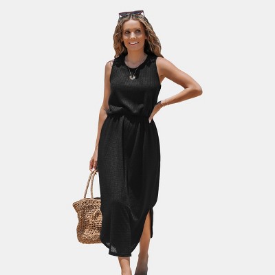 Women's Navy/Black Sleeveless Elastic Waist Knit Midi Dress - Cupshe