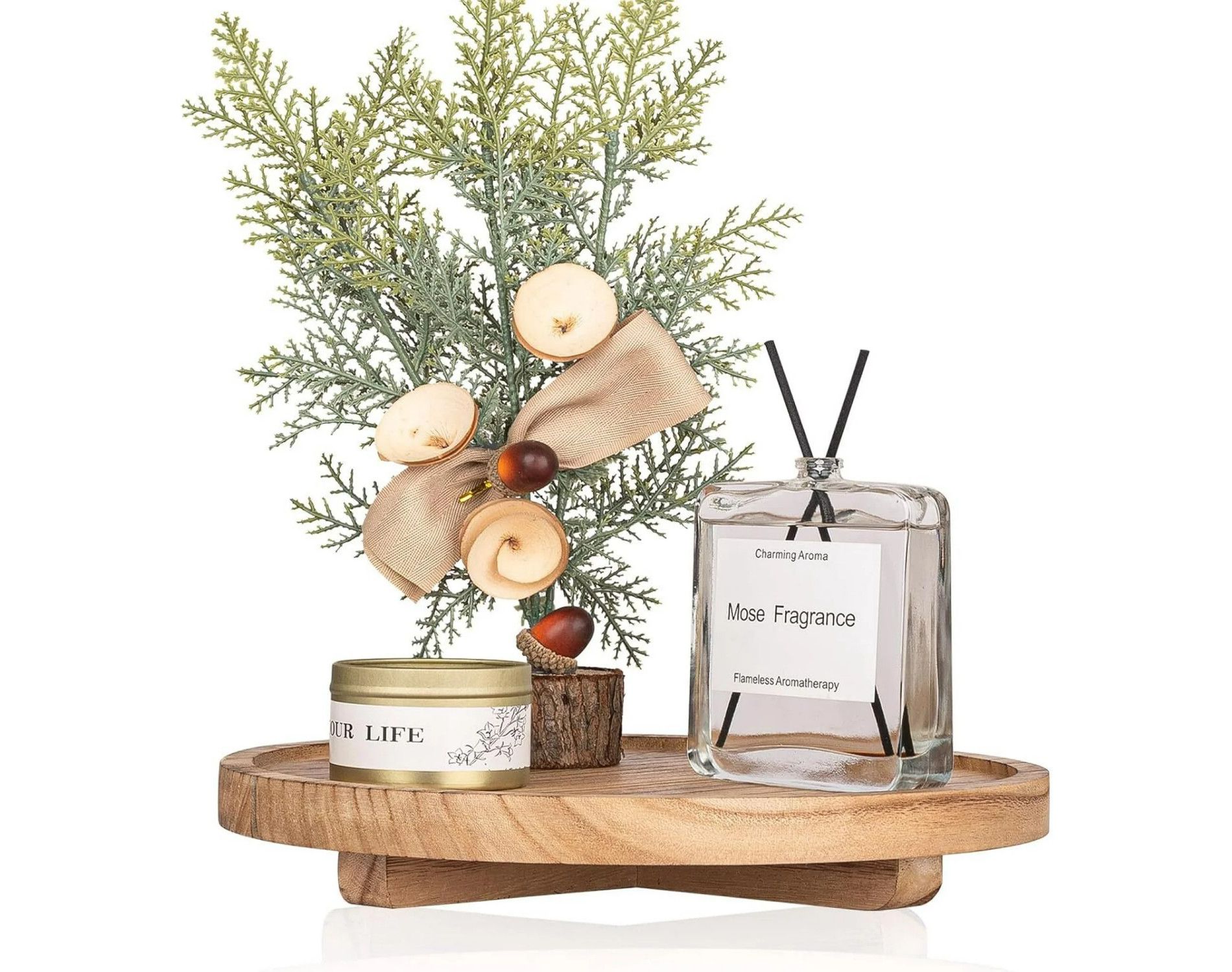 Round Decorative Tray Wood Counter Organizer Farmhouse Kitchen Decor 10" - Brown