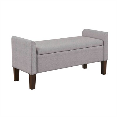 Light Grey Upholstered Flip-Top Storage Bench with Dark Wood Legs