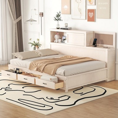 Twin/Full Size Wooden Daybed with 3 Storage Drawers, Upper Soft Board, Shelf, and a Set of Sockets and USB Ports - ModernLuxe