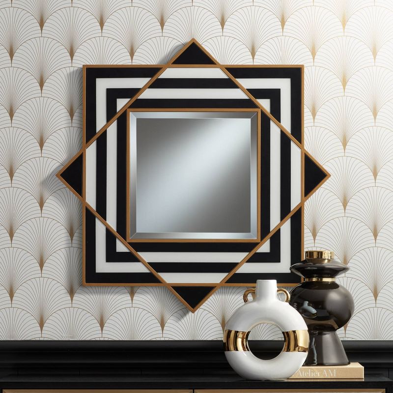 Possini Euro Design Zorra Square Decorative Wall Mirror Modern Glam Black White Gold Wood Frame 36" Wide Bedroom, 2 of 10