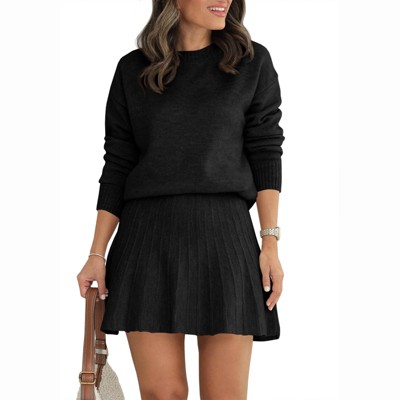 Imily Bela Womens Skirt 2 Piece Sweater Set Long Sleeve Crewneck Sweaters Pleated Mini Skirt Knit Lounge Sets