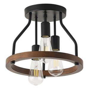 Modern Industrial Semi Flush Mount Ceiling Light, Black and Wood Drum Fixture - 1 of 4