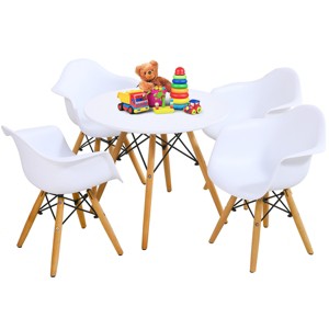 Infans 5 Piece Kids Mid-Century Modern White Round Table Chair Set with 4 Arm Chairs - 1 of 4