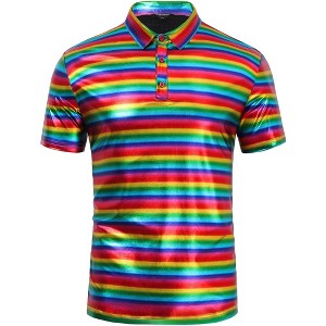 Men's 70s Disco Shirts Shiny Sequins Short Sleeve Party Shirt Slim Fit Nightclub Costume Tops - 1 of 4