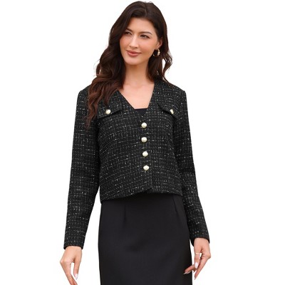 INSPIRE CHIC Women's Tweed Long Sleeve Button Down Collarless Elegant Cropped Jacket