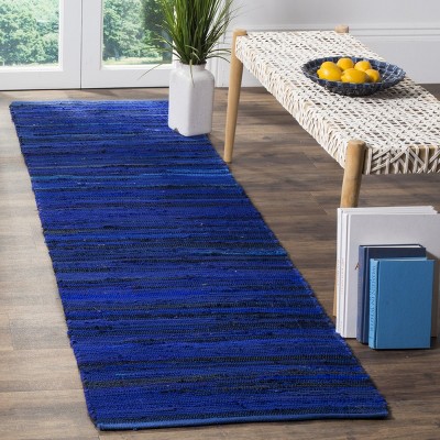 Handmade Striped Flat Woven Blue Cotton-Wool Runner Rug 2'3" x 9'